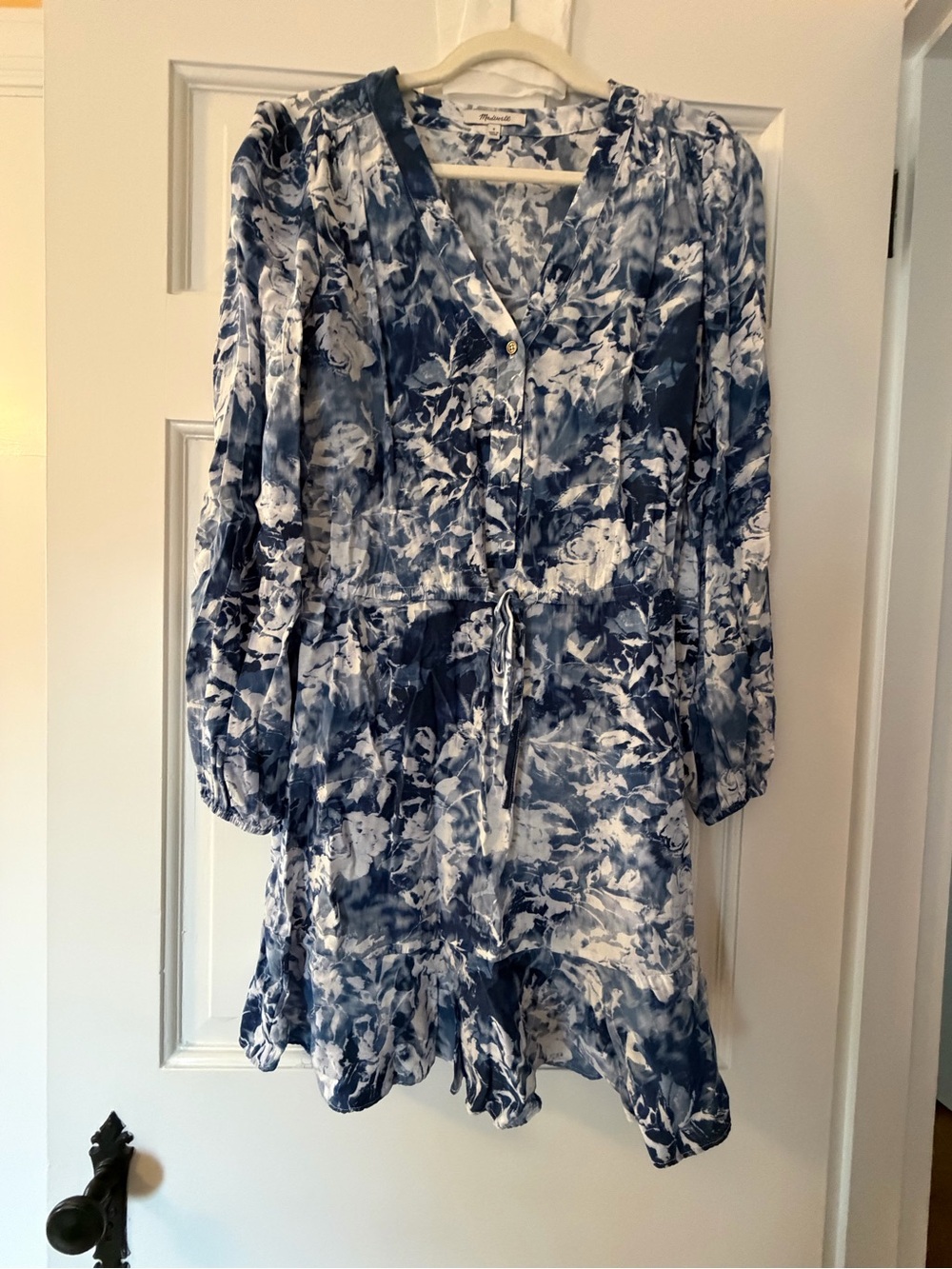 Madewell Navy & White Floral Tie-Waist Long Sleeve Dress
